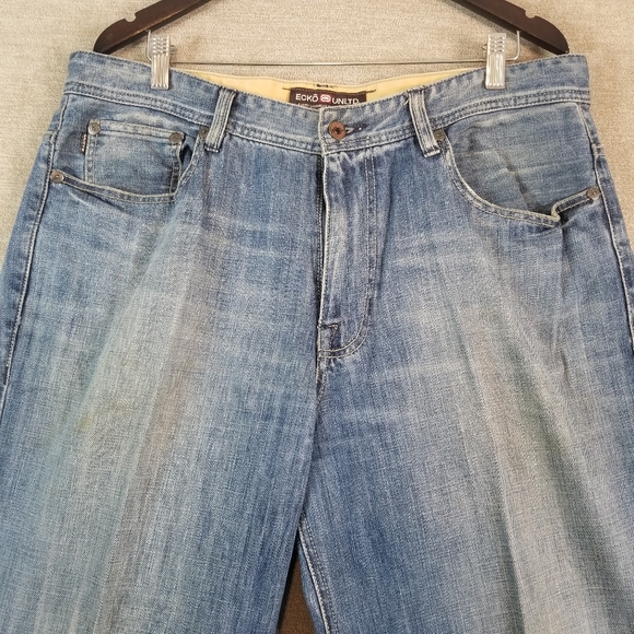 Ecko Unltd Jeans 38x33 Baggy Embroidered Faded Denim Wide Relax Hip Hop Y2K (906 - Picture 3 of 13